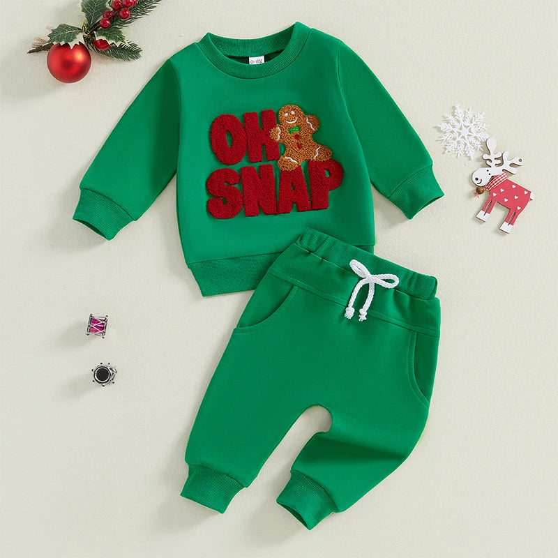 Baby Toddler Boys Girls 2Pcs Christmas Outfit Long Sleeve Oh SNAP Gingerbread Man Embroidery Top Pants Jogger Set Winter