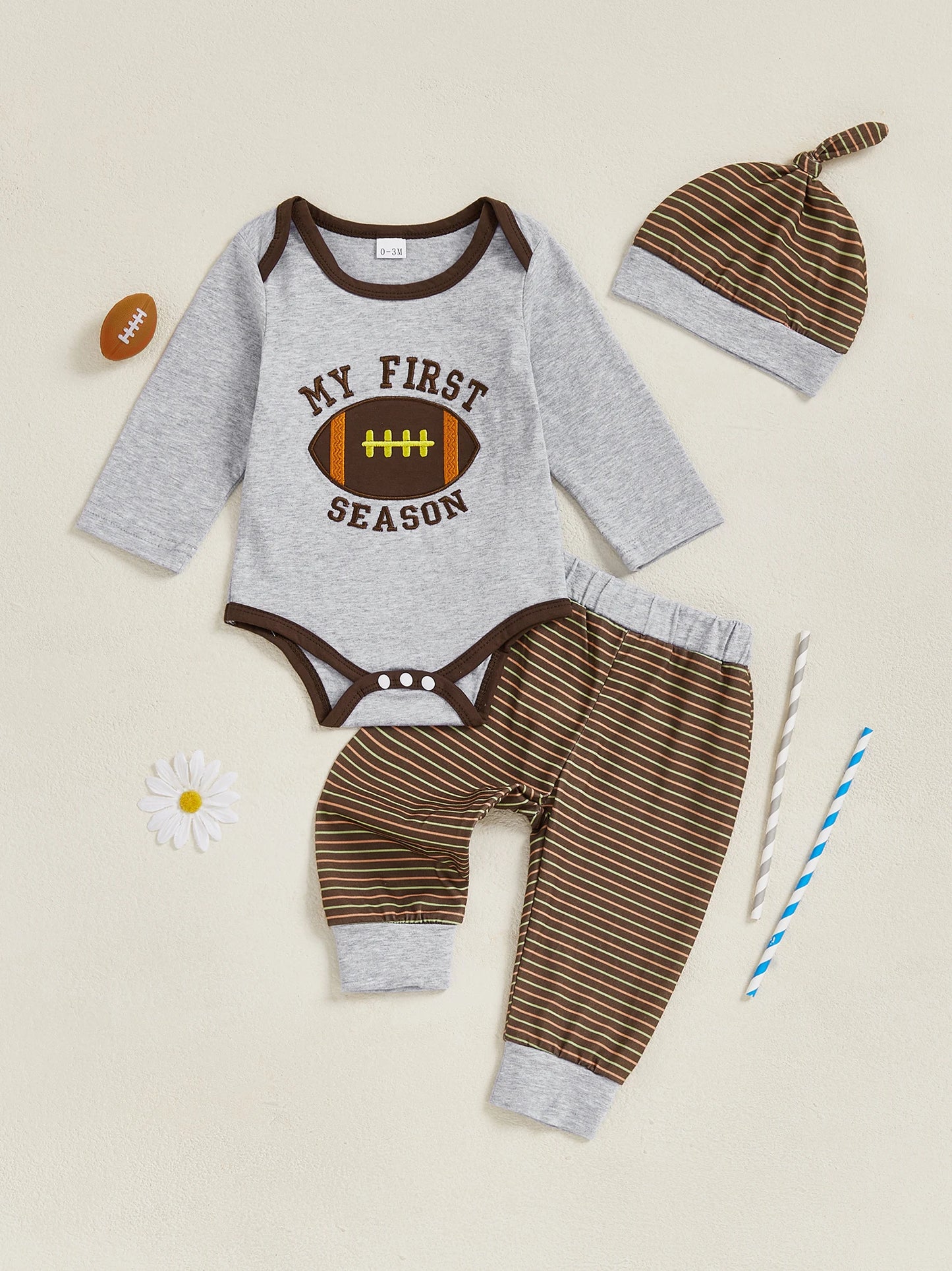 Baby Boys 3Pcs My First Football Season Fall Set Letter Embroidery Long Sleeve Romper Elastic Waist Striped Pants and Hat Outfit