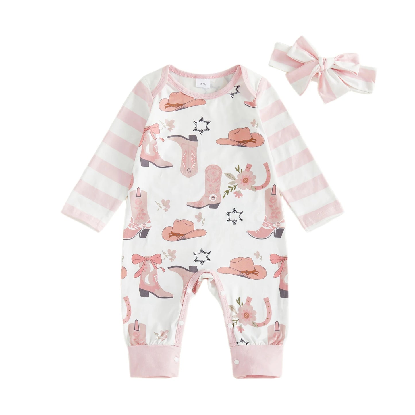 Baby Girl 2Pcs Western Outfit Long Sleeve Round Neck Cowgirl Hat Floral Print Jumpsuit with Headband Set