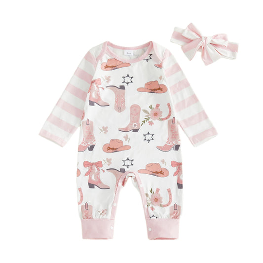 Baby Girl 2Pcs Western Outfit Long Sleeve Round Neck Cowgirl Hat Floral Print Jumpsuit with Headband Set