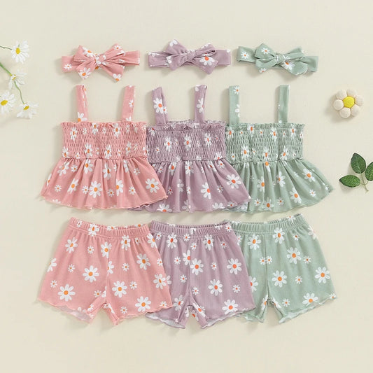 Baby Toddler Girls 3Pcs Outfit Sleeveless Daisy Flower Print Baby Doll Tank Top Shorts Headband Set