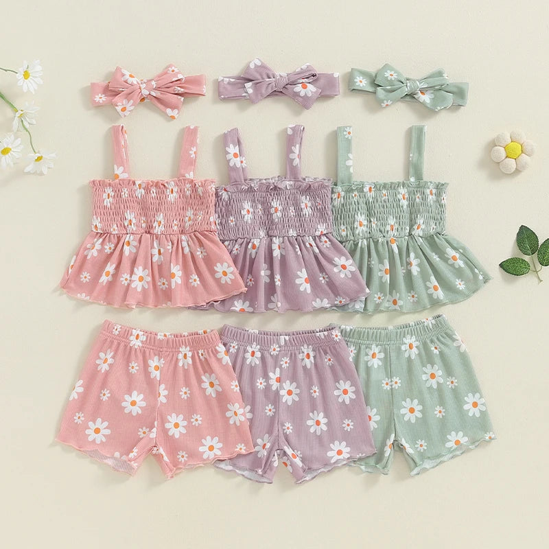 Baby Toddler Girls 3Pcs Outfit Sleeveless Daisy Flower Print Baby Doll Tank Top Shorts Headband Set