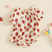 Load image into Gallery viewer, Baby Toddler Girls Strawberry Print Romper Square Neck Puff Sleeve Ruffled Jumpsuit
