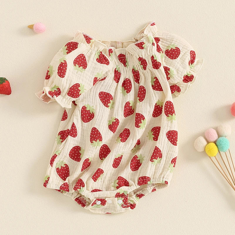 Baby Toddler Girls Strawberry Print Romper Square Neck Puff Sleeve Ruffled Summer Jumpsuit