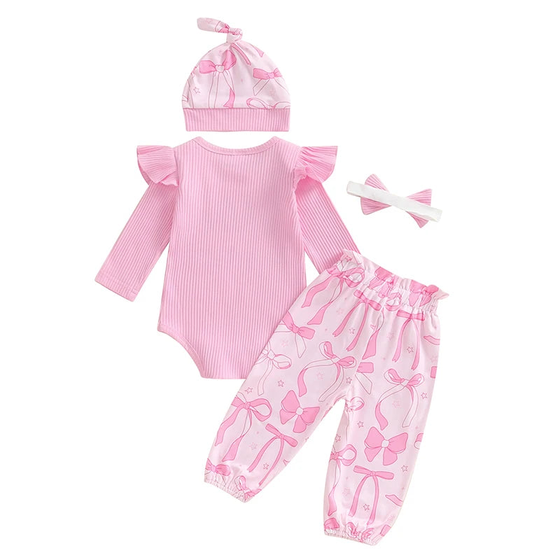 Baby Girls 4Pcs Hello I'm New Here Outfit Letter Long Sleeve Romper with Bow / Butterfly Pattern Pants and Headband Hat Set