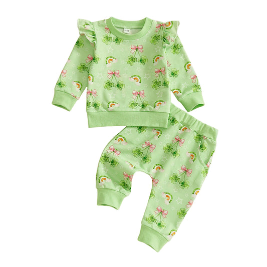 Baby Toddler Girls 2Pcs Ireland St. Patrick's Day Outfit Clover Print Long Sleeve Top and Long Pants 2Pcs Clothes Jogger Set