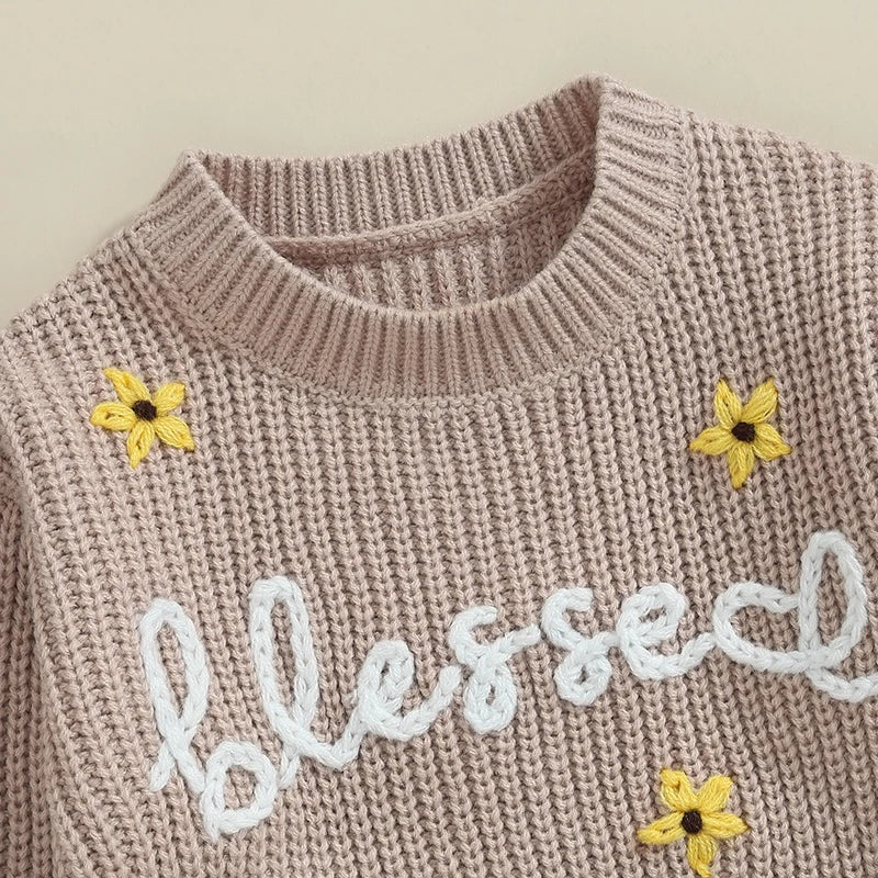 Baby Toddler Girls Blessed Crewneck Knitwear Sweater Flowers Embroidery Long Sleeve Top