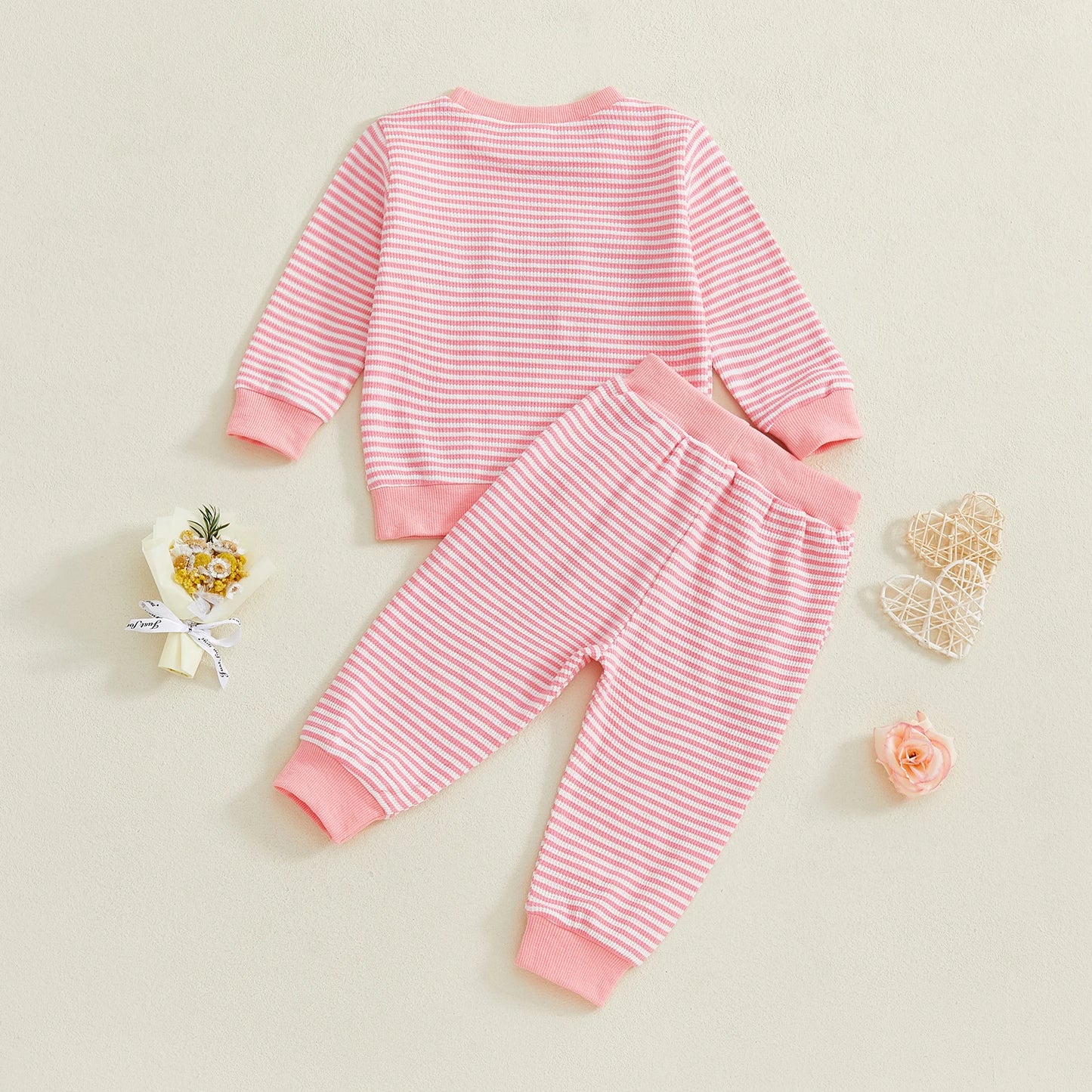 Baby Toddler Girl 2Pcs Daddy's Girl Fall Stripe Outfits Letter Embroidery Long Sleeve Round Neck Pullover Elastic Waist Pants 2Pcs Set