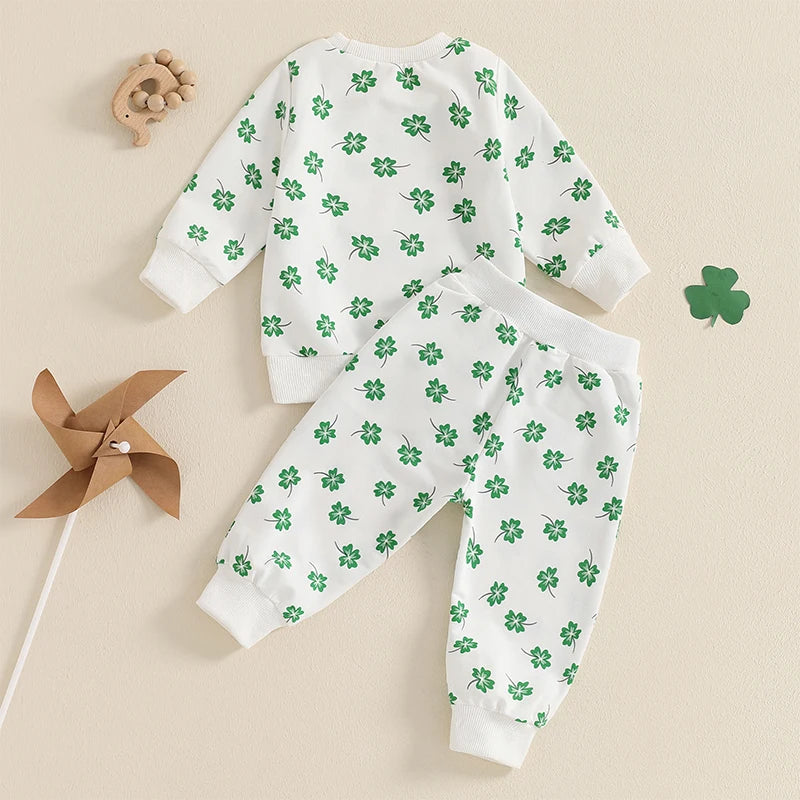 Baby Toddler Girls Boys 2Pcs St. Patrick's Day Outfit Four Leaf Clover Shamrock Print Long Sleeve Crewneck Top and Elastic Pants Jogger Set