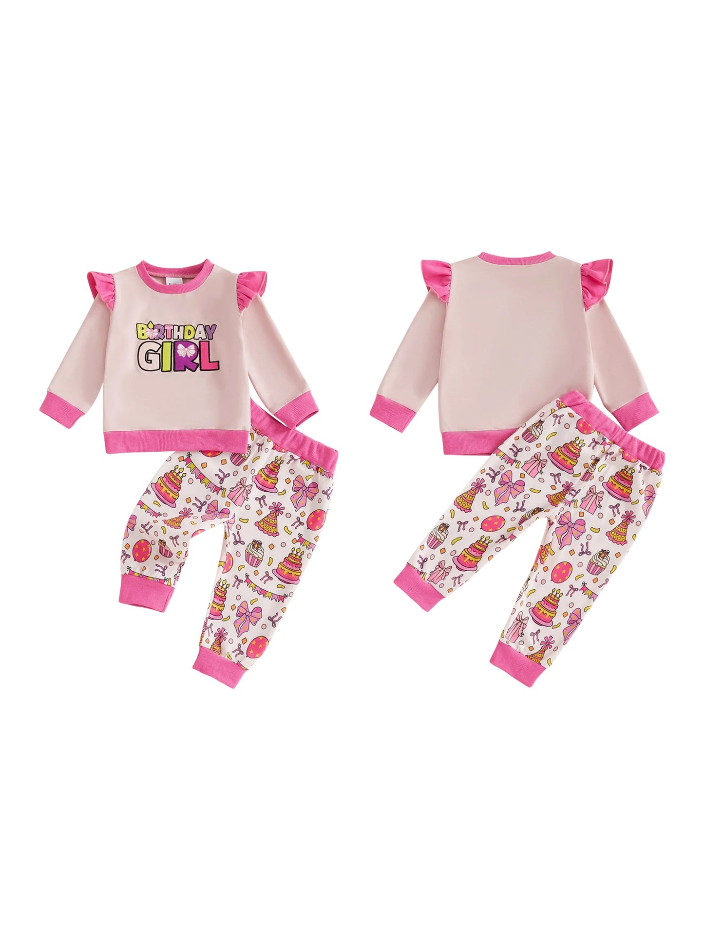 Baby Toddler Girls 2Pcs Birthday Girl Pants Set Long Sleeve O Neck Letter Embroidery Top Cake Balloon Print Pants Jogger Set