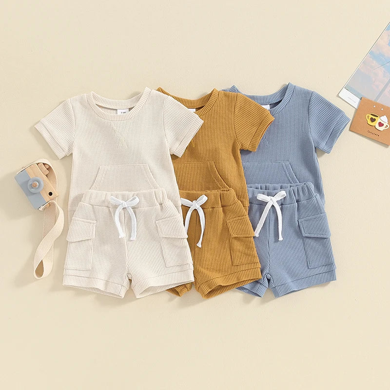 Baby Toddler Boy Girl 2Pcs Waffle Outfit Solid Color Short Sleeve Pocket Top with Elastic Waist Shorts Set