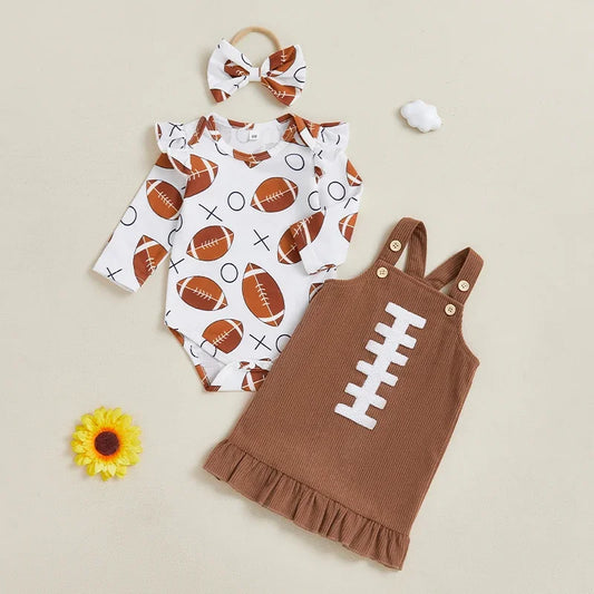 Baby Girl 3Pcs Fall Outfit Football Print Long Sleeve Romper with Ruffled Overalls Dress and Bow Headband Set