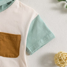 Load image into Gallery viewer, Infant Baby Boys Girls Summer Jumpsuit Short Sleeve Color Block Chest Pocket Hooded Bodysuit Bubble Romper
