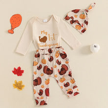 Load image into Gallery viewer, Baby Girls Boys 3Pcs My 1st First Thanksgiving Outfit Letter Print Long Sleeve Romper with Turkey Pattern Pants Set
