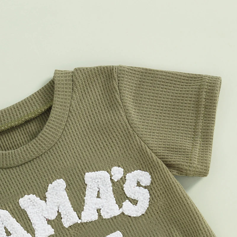 Baby Toddler Boy 2Pcs Mama's Boy Letter Embroidery Short Sleeve Top Matching Shorts Set Waffle Outfit