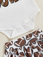 Baby Girls 3Pcs Touch Down Outfit Football Letter Print Romper Skirted Shorts Skort and Headband Bow Set