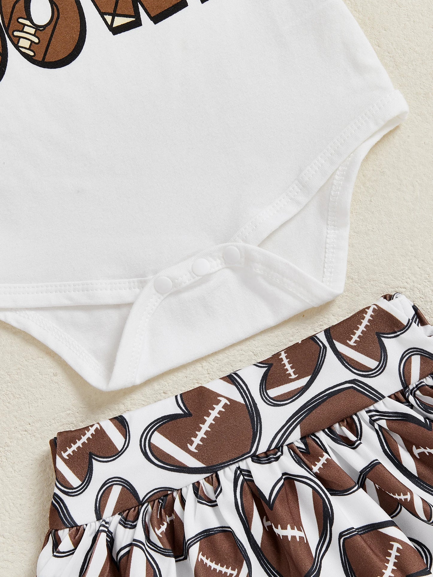 Baby Girls 3Pcs Touch Down Outfit Football Letter Print Romper Skirted Shorts Skort and Headband Bow Set