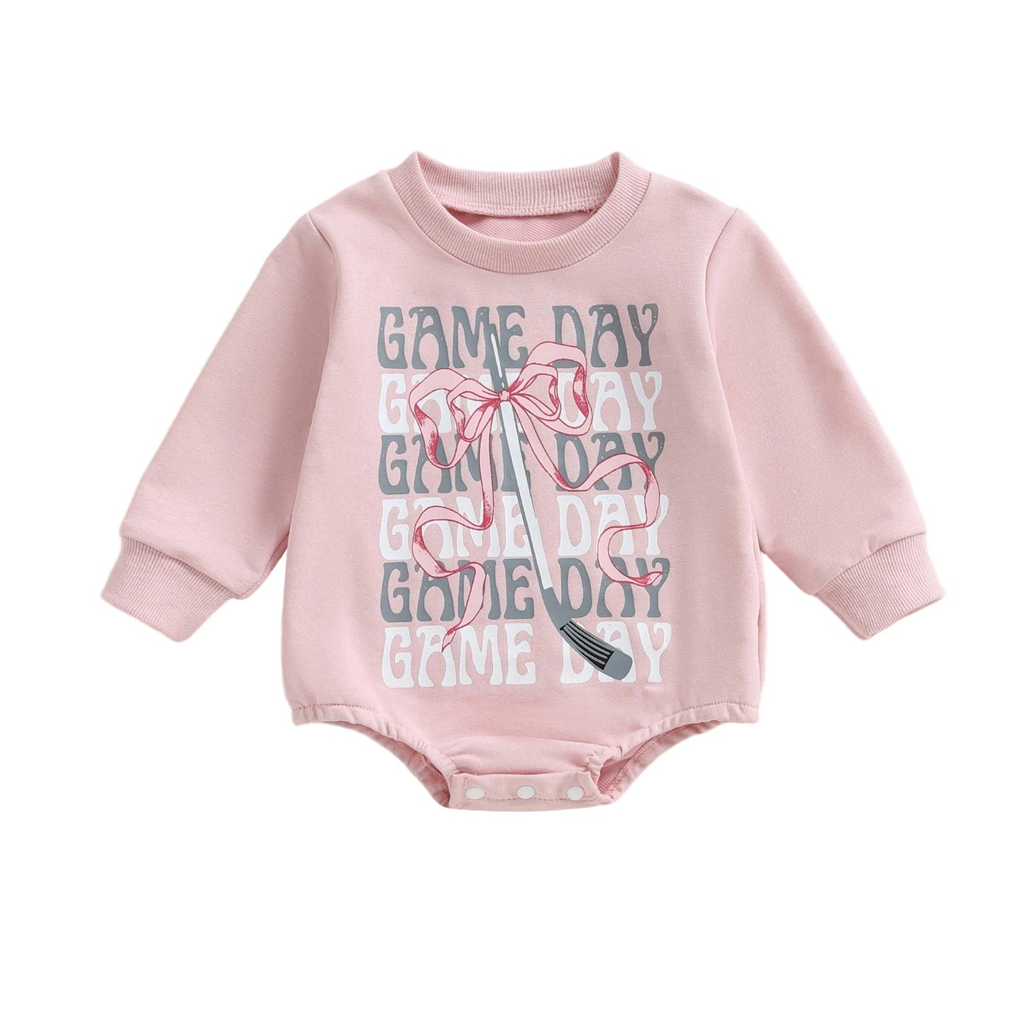 Baby Girls Fall Romper Bow Hockey / Game Day Letter Print Long Sleeve Round Neck Bubble Jumpsuit