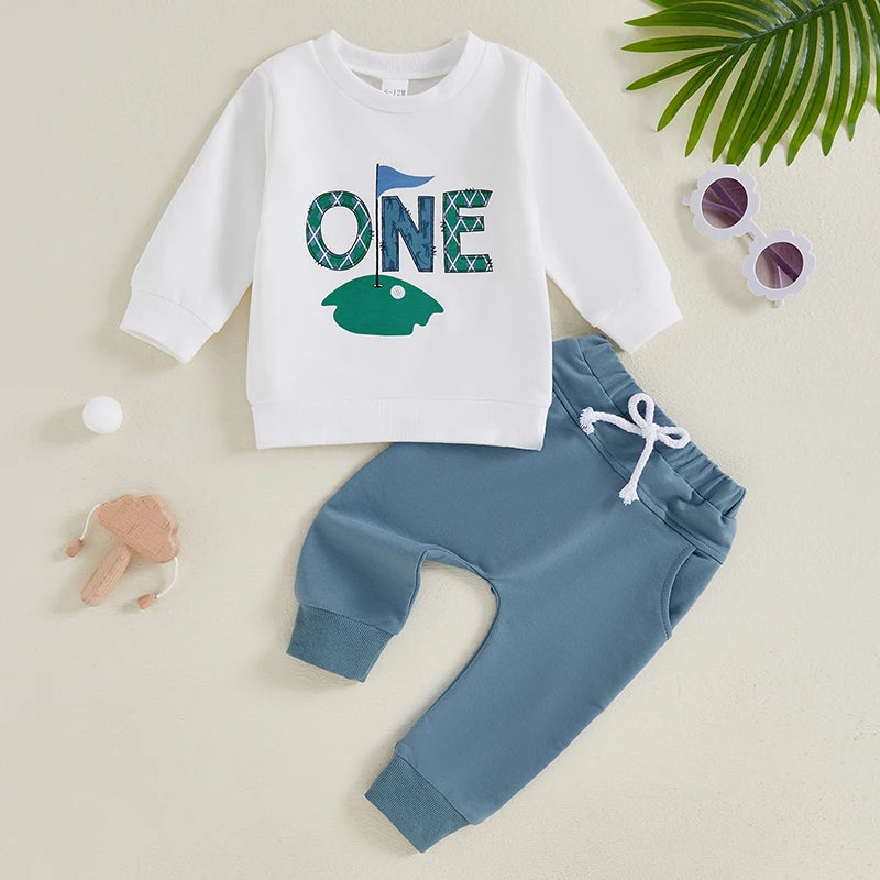 Baby Boys Girls 2Pcs ONE year old Birthday Outfit Golf Letter Print Long Sleeve Crewneck Top and Elastic Pants Set for Fall