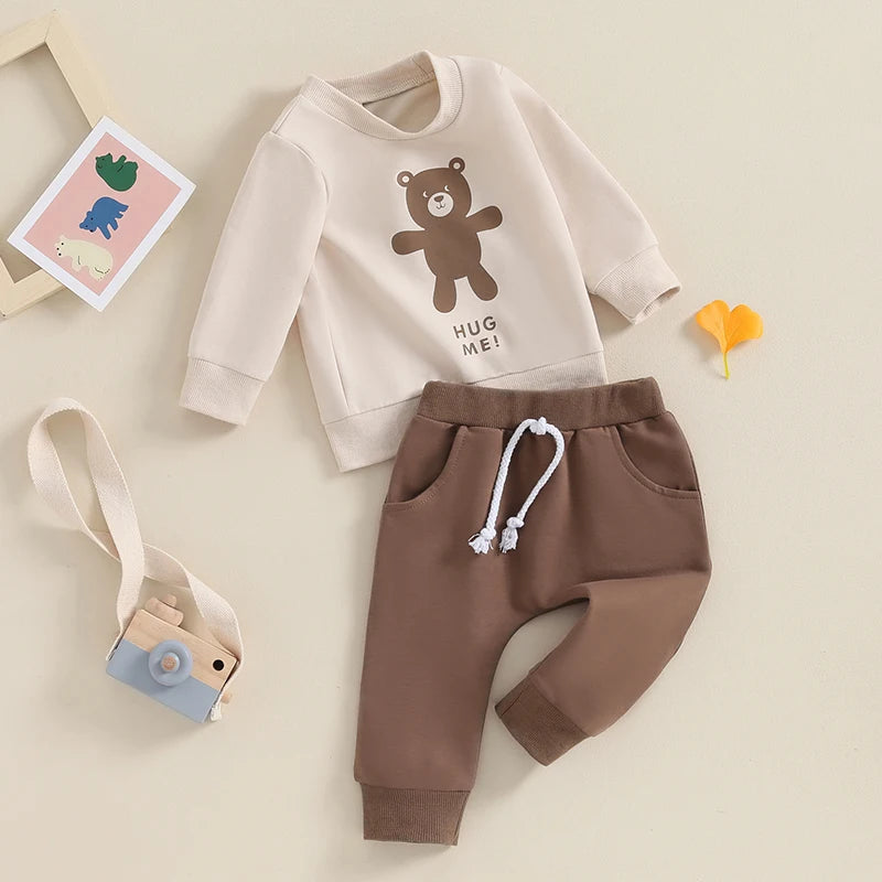 Baby Toddler Boys Girls 2Pcs Outfits Bear Letter Hug Me Print Crew Neck Long Sleeve Top and Long Pants Set