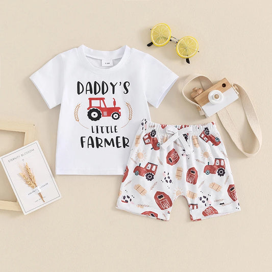 Toddler Baby Boy 2Pcs Daddy's Little Farmer Tractor Short Sleeve Letter Print Top + Elastic Waist Tractor Cow Hay Print Shorts Summer Set