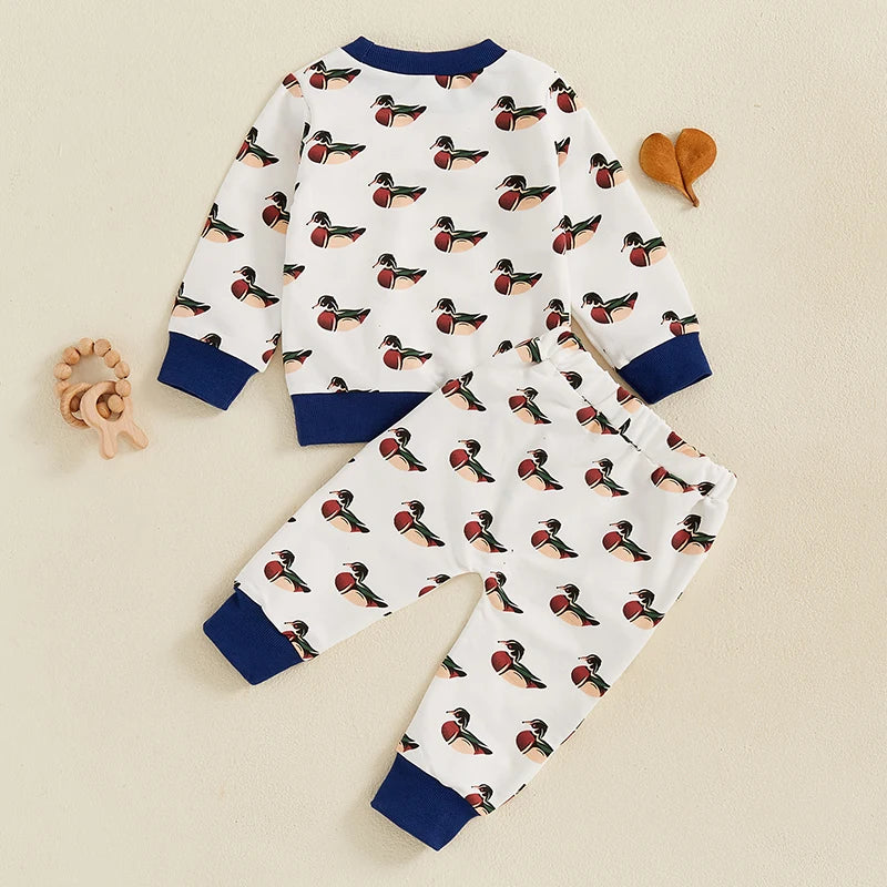 Baby Toddler Boys 2Pcs Fall Jogger Set Duck Print Long Sleeve Crew Neck Top with Elastic Waist Pants Outfit