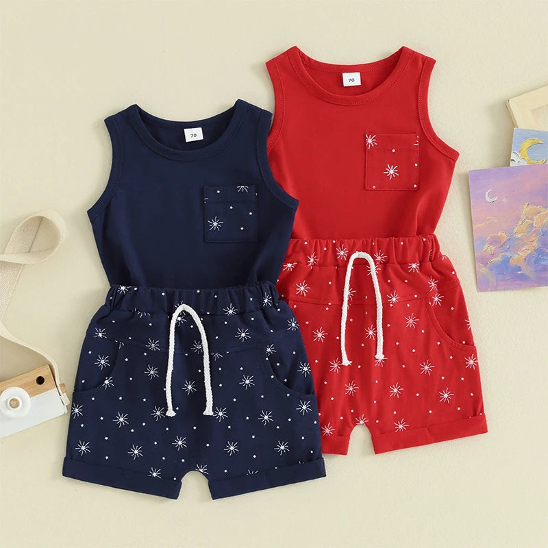 Baby Toddler Boy 2Pcs Summer Shorts Set Star Print Round Neck Tank Tops with Elastic Waist Shorts Outfit