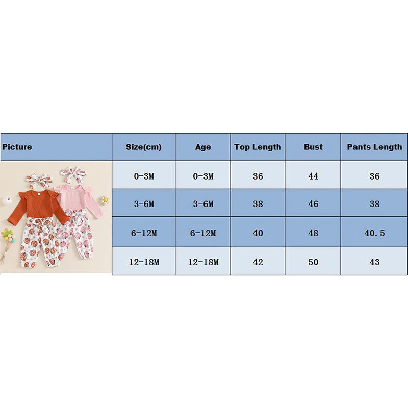 Baby Girls 3Pcs Halloween Outfit Ribbed Long Sleeve Frill Sleeve Romper and Elastic Pumpkin Flower Print Pants Headband Set