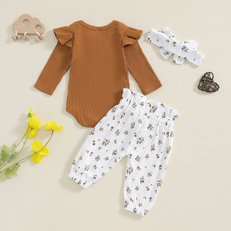 Baby Girls 3Pcs Fall Outfit Long Sleeve Ribbed Ruffle Shoulder Romper with Floral Flower Print Pants and Headband Set