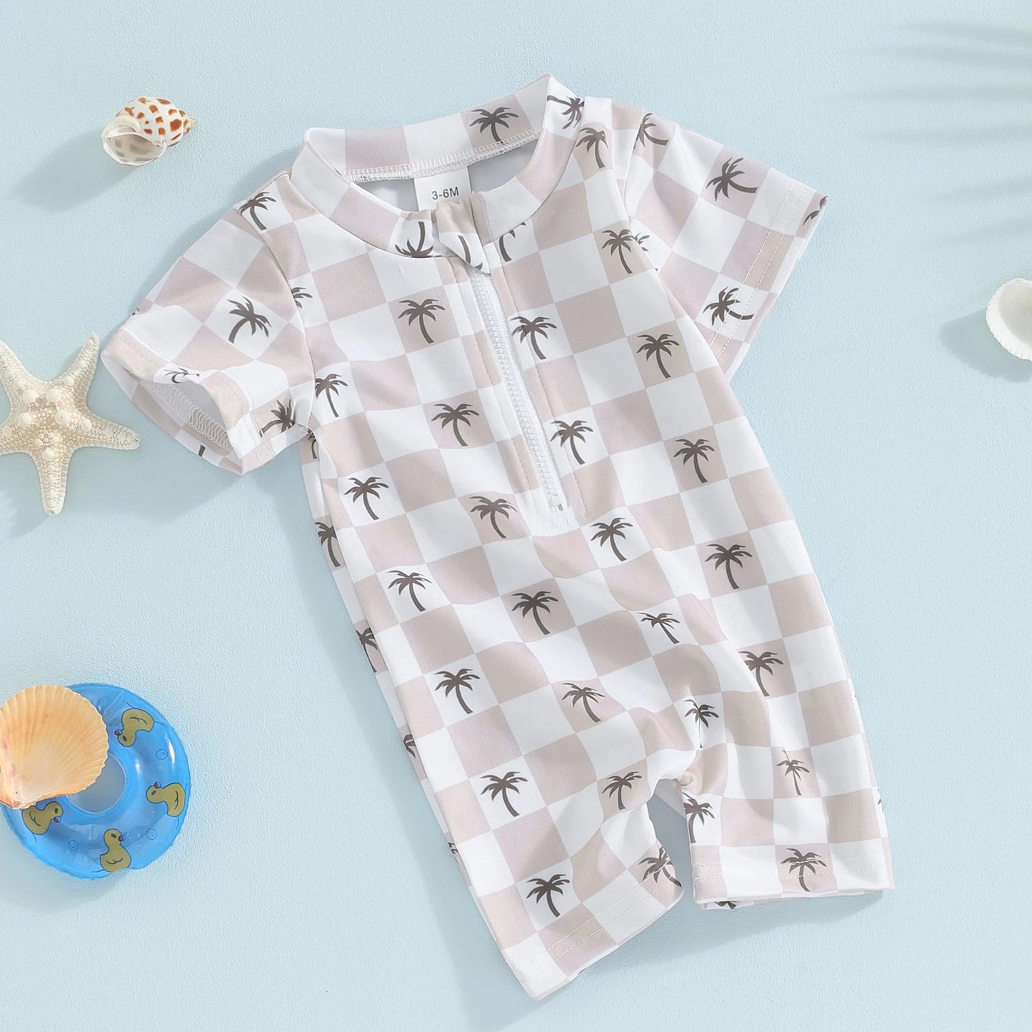 Baby Boys Swimwear Short Sleeve Palm Tree Print Plaid Checker Swimsuit Jumpsuit Summer Bathing Suit Romper