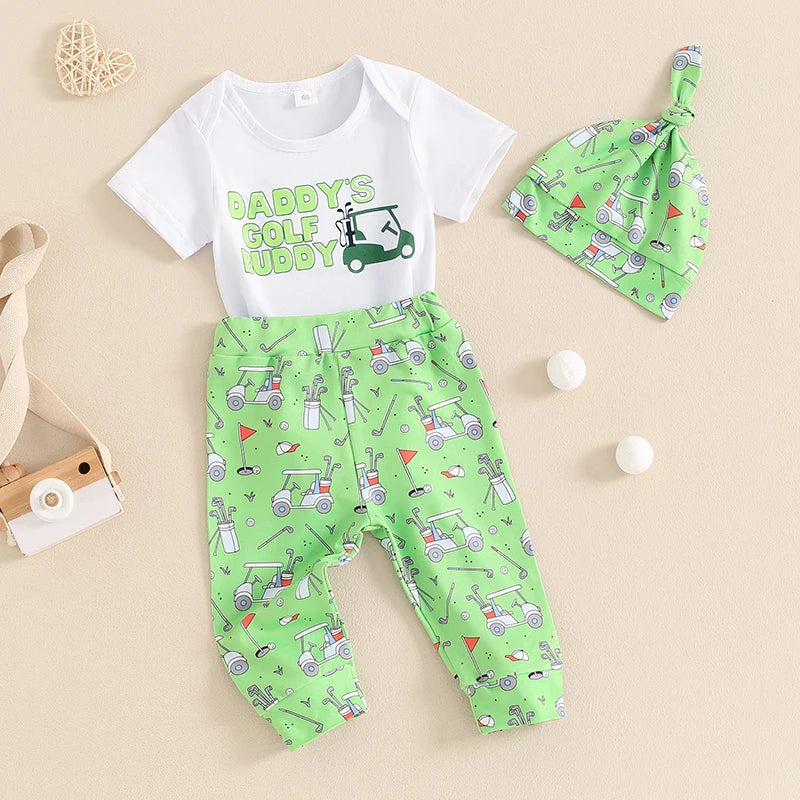 Baby Boys 3Pcs Outfit Daddy's Golf Buddy / It's In My DNA Letters Print Short Sleeve Romper Golf Cart Print Pants and Hat Infant Clothes Set