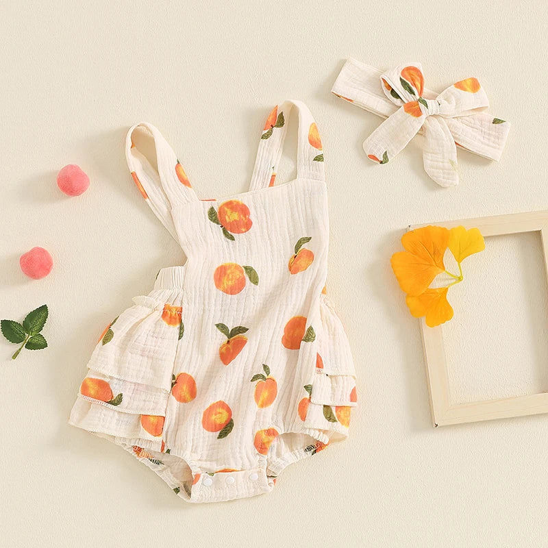 Baby Toddler Girls Romper Peach Print Sleeveless Square Neck Side Tiered Ruffled Jumpsuit with Headband Set