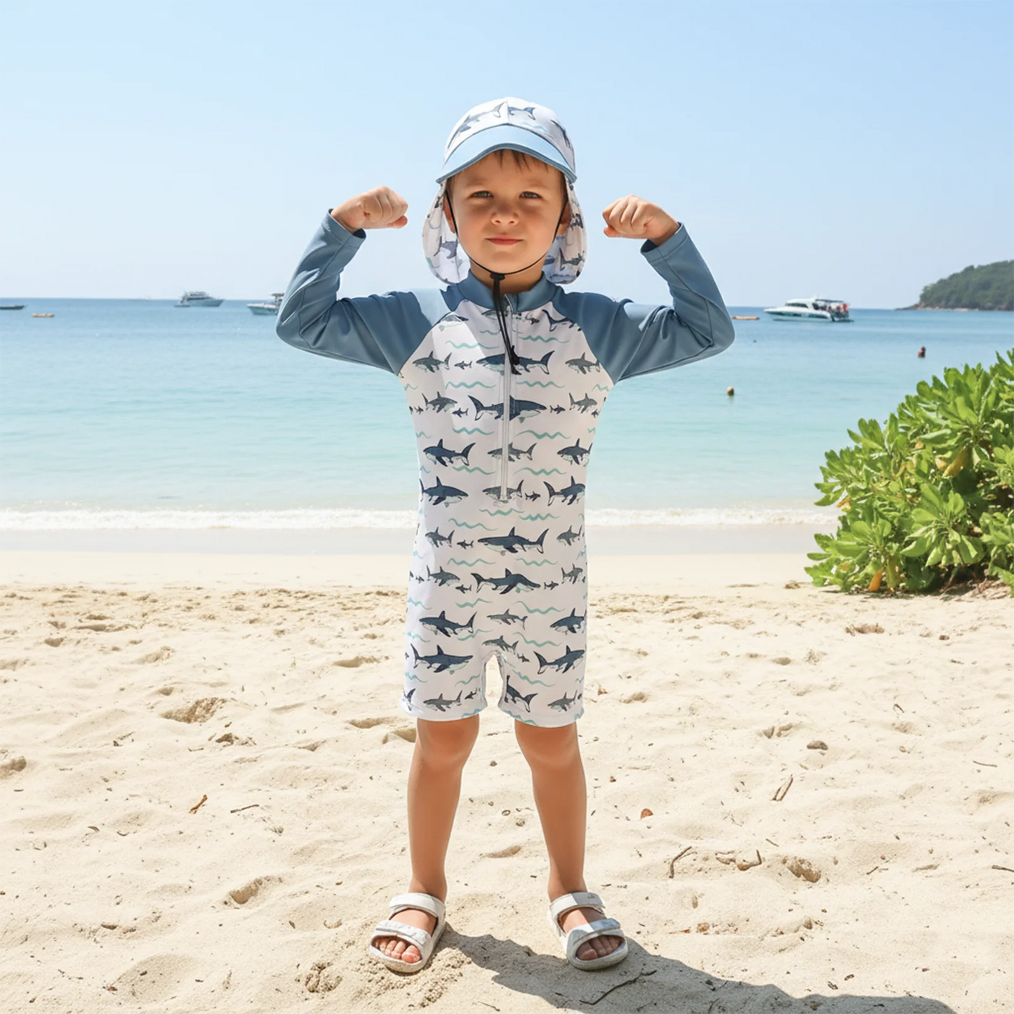 Baby Toddler Boys 2Pcs Rash Guard Swimsuit Fashionable Cute Animal Printed Long Sleeve Jumpsuit with Hat 2Pcs Swimwear Set
