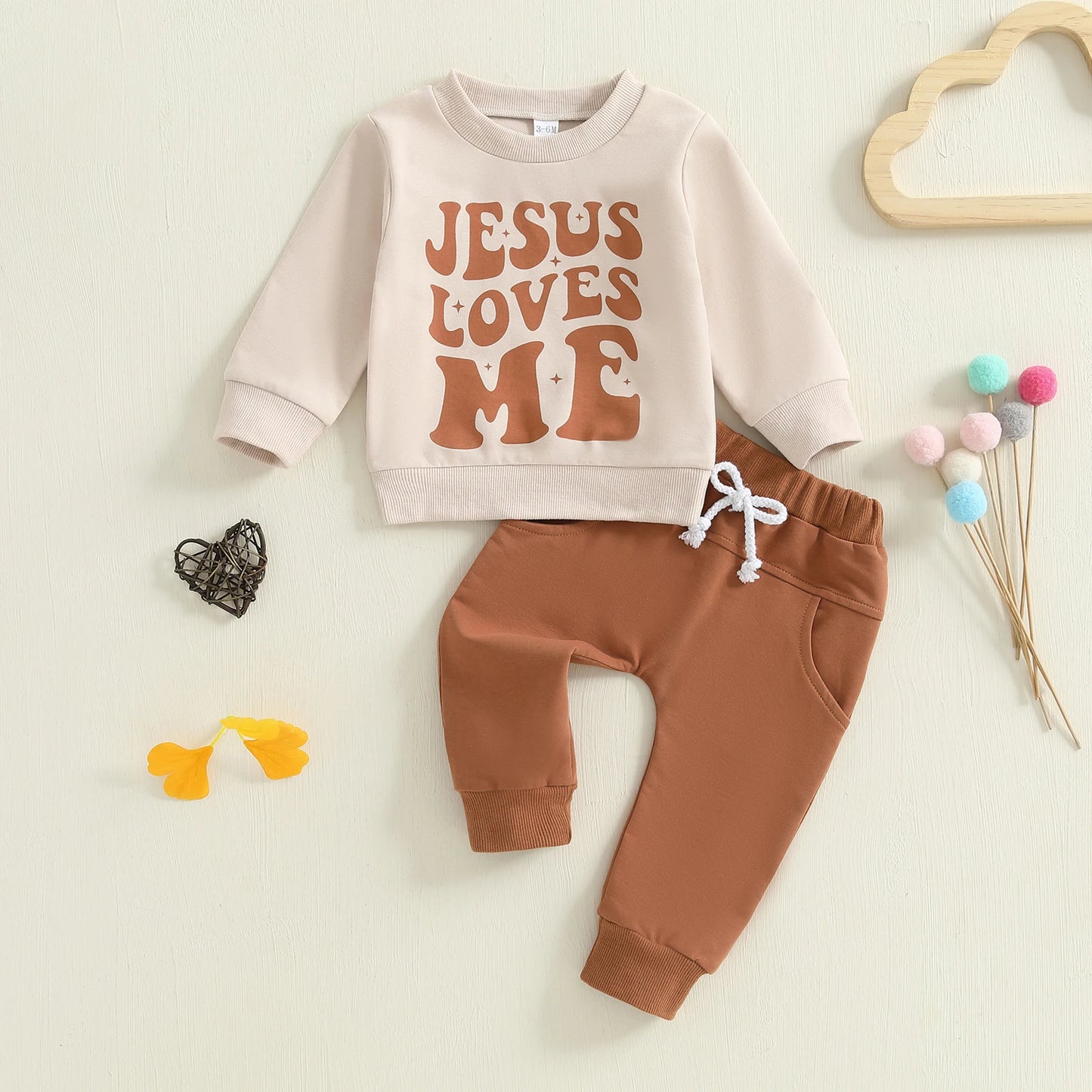 Baby Toddler Boys 2Pcs Jesus Loves Me Fall Outfit Letter Print Long Sleeve Top and Elastic Pants 2Piece Clothes Jogger Set