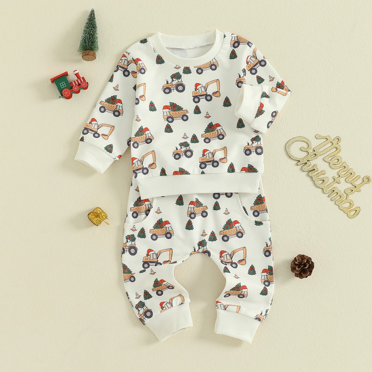 Toddler Baby Boy Christmas Outfit Dump Truck Excavator Christmas Tree Print Long Sleeve Sweatshirt and Pants 2Pcs Set