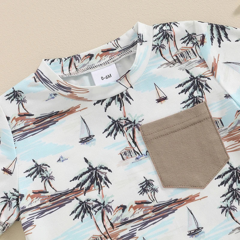 Baby Toddler Boys 2Pcs Summer Outfit Beach Style Palm Tree Coconut Van Surf Print Short Sleeve Top Elastic Waist Shorts Set