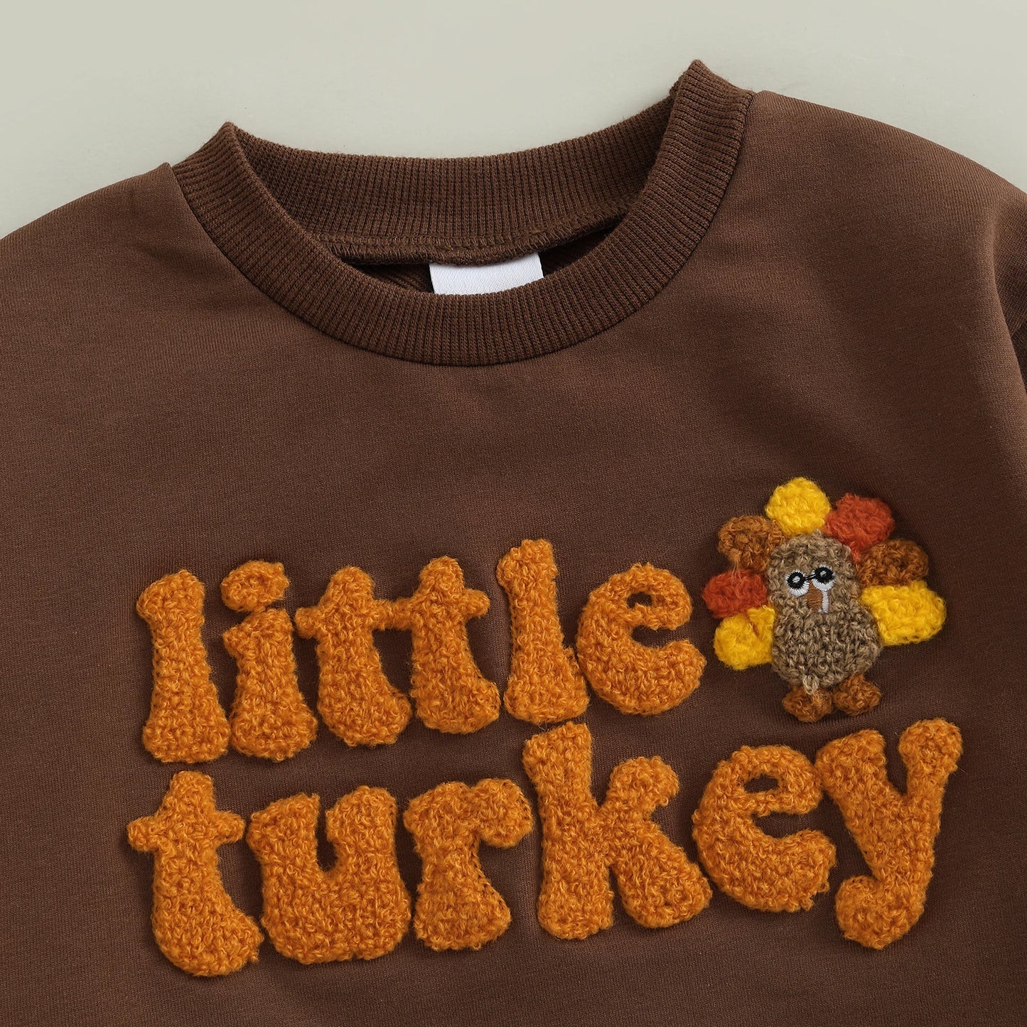 Baby Toddler Boy 2Pcs Little Turkey Thanksgiving Outfit Letter Turkey Embroidery Long Sleeve O-Neck Pullover + Elastic Waist Solid Pants Jogger Set