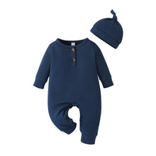 Load image into Gallery viewer, Baby Boy Girl 2Pcs Fall Romper Outfits Long Sleeve Round Neck Button Up Jumpsuit with Hat
