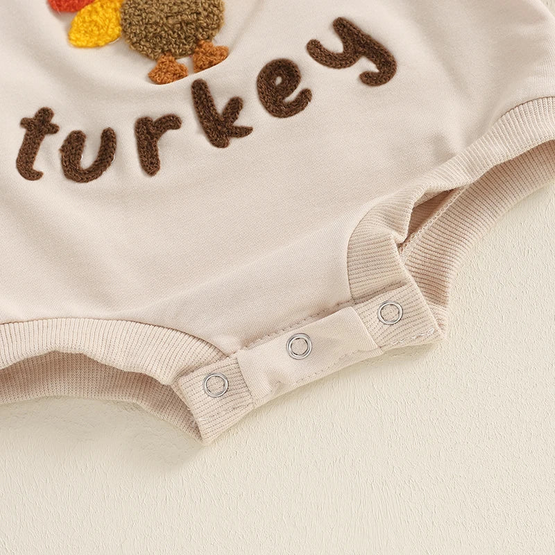 Baby Boys Girls Little Turkey Thanksgiving Romper Letter Print Turkey Embroidery Long Sleeves Round Neck Bubble Jumpsuit