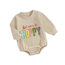 Load image into Gallery viewer, Baby Girls Boys Easter Romper Beige Crew Neck Long Sleeve Don&#39;t Worry By Hoppy Letter Embroidery Bubble Romper Jumpsuit
