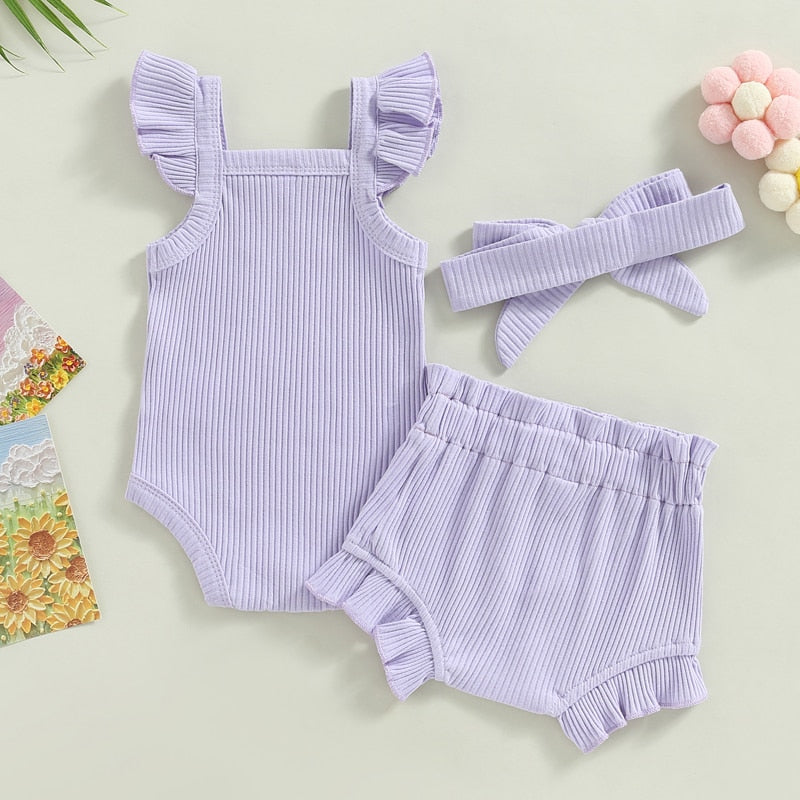 Baby Toddler Girls 3Pcs Flutter Sleeve Solid Romper Tops Drawstring Short Pants Headband Outfit