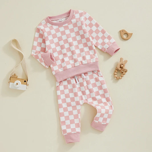 Baby Toddler Girls 2Pcs Fall Sets Long Sleeve O Neck Checkerboard Print Top Drawstring Pants Jogger Set
