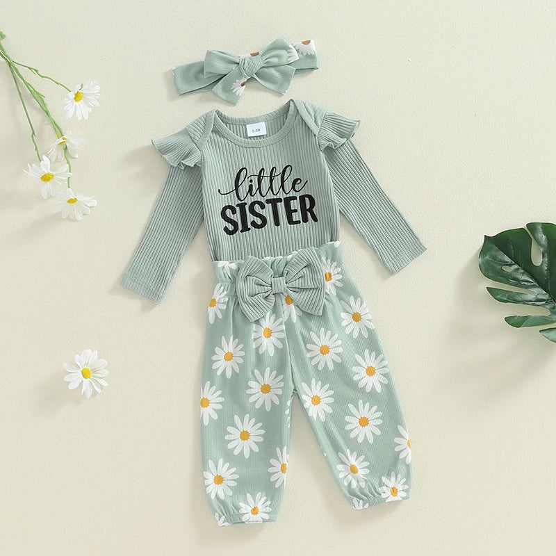 Baby Girls 3Pcs Little Sister Fall Outfit Letter Print Long Sleeve Romper with Daisy Flower Pattern Pants and Headband Set