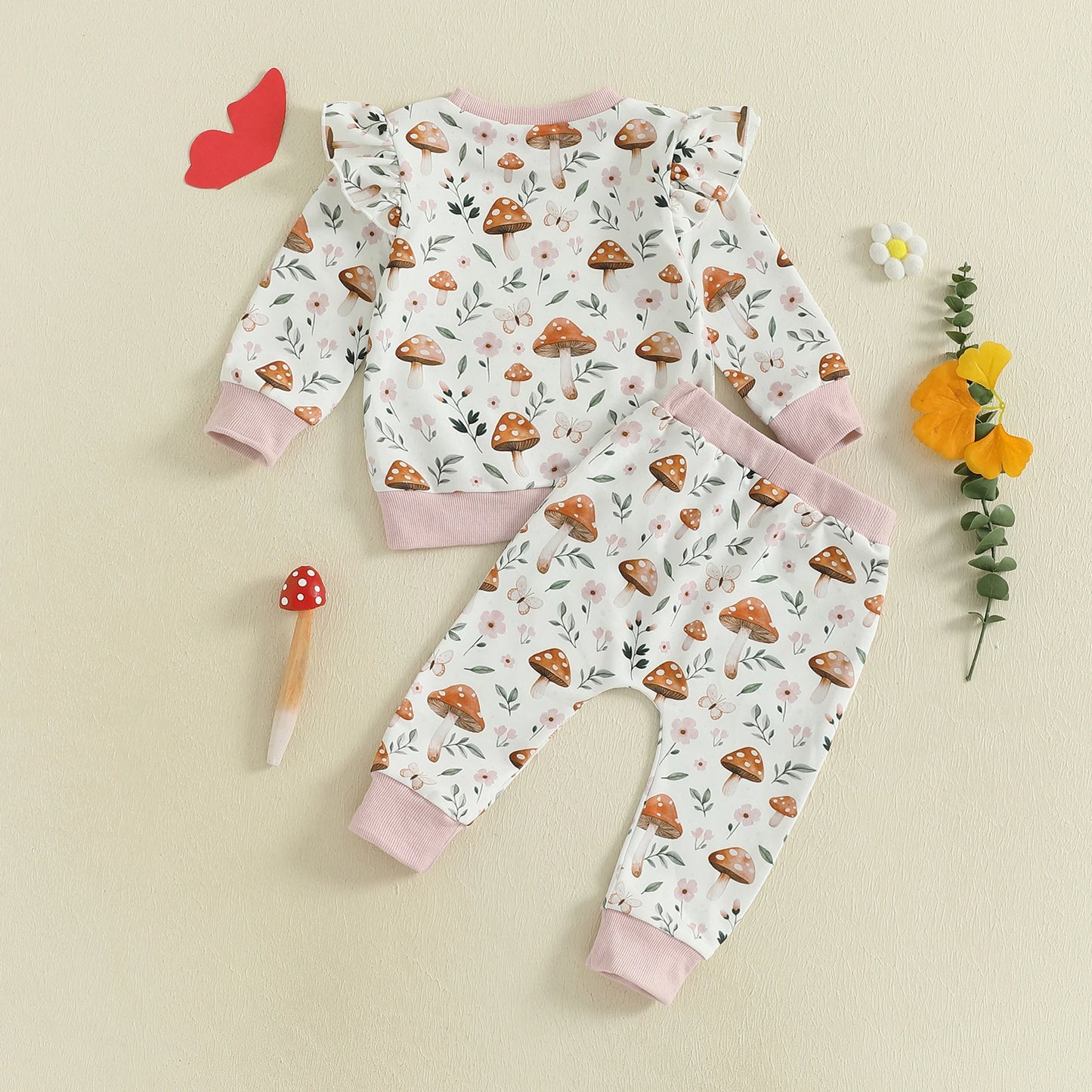 Baby Toddler Girl 2Pcs Fall Outfit Long Sleeve Mushroom Floral Print Top + Pants Jogger Set Clothes