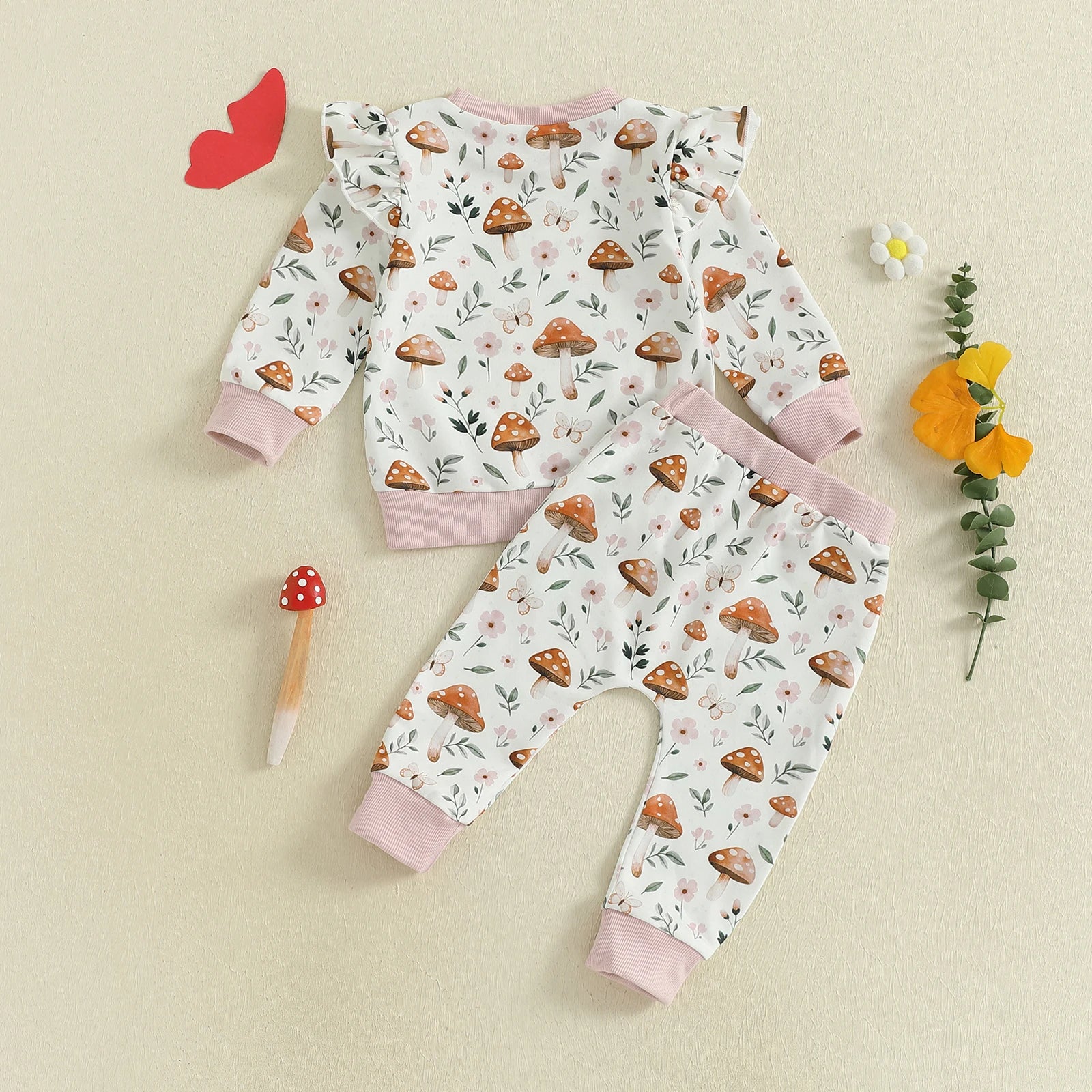Baby Toddler Girl 2Pcs Fall Outfit Long Sleeve Mushroom Floral Print Top + Pants Jogger Set Clothes