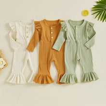 Load image into Gallery viewer, Baby Toddler Girl Fall Ribbed Romper Solid Color Long Sleeve Round Neck Button Front Flare Pants Jumpsuit
