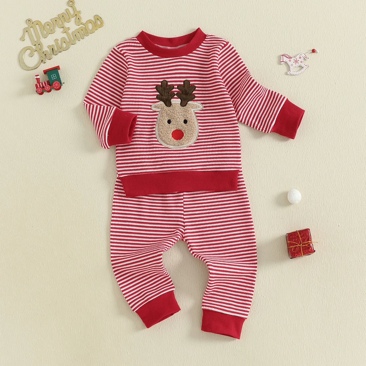 Baby Toddler Boys Girls 2Pcs Christmas Outfit Reindeer Embroidery Stripe Long Sleeve Round Neck Pullover Top + Elastic Waist Long Pants Jogger Set