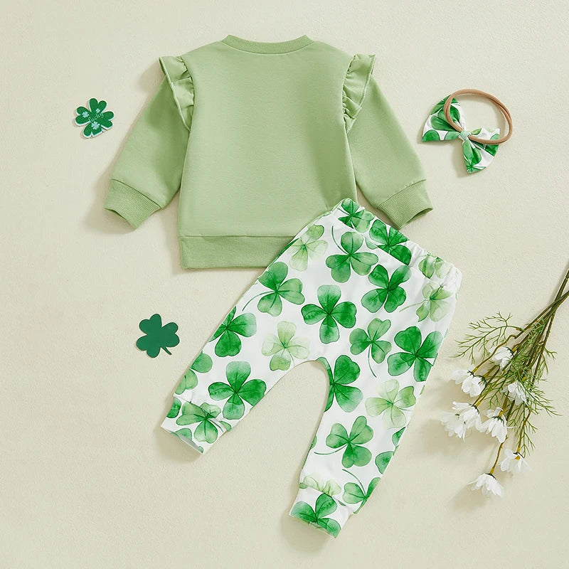 Baby Toddler Girls 3Pcs Daddy's Lucky Charm / Lucky Clover Spring Outfit Long Sleeve Top + Shamrock Pants + Headband Bow Set Clothes St. Patrick's Day