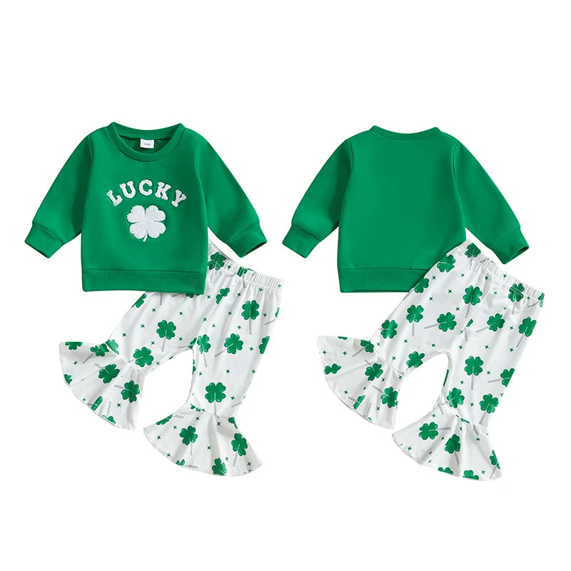 Baby Toddler Girls 2Pcs Lucky St. Patrick's Day Outfit Four Leaf Clover Long Sleeve Crewneck Top and Elastic Flare Pants Set Clothes