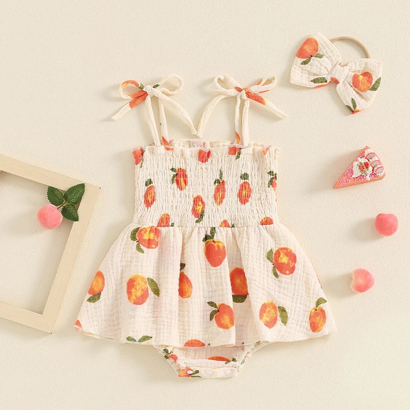 Baby Girls 2Pcs Summer Romper Dress Sleeveless Peach Print Cami Tank Playsuit with Headband Set